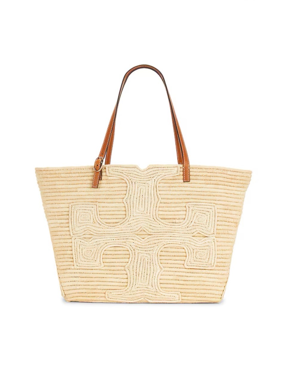 Nwt Tory Burch Ella Structured Raffia Tote With Tan Leather Straps And Pouch